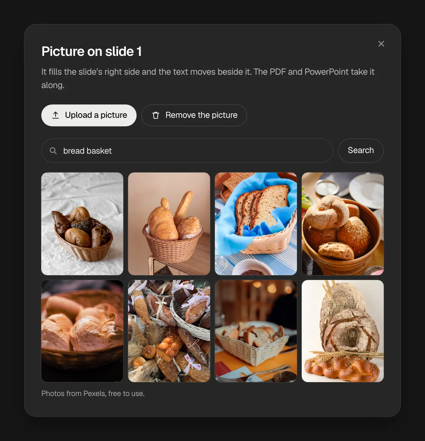 Picture on slide 1: Upload a picture, Remove the picture, and a search for bread basket with eight photos from Pexels