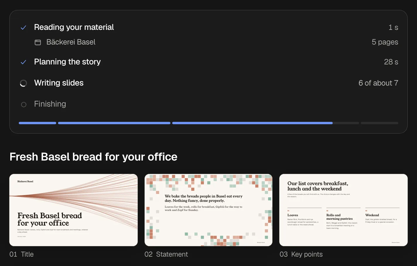 A presentation being written: the website read, the story planned, slide 6 of about 7 being written, and the first three slides there already