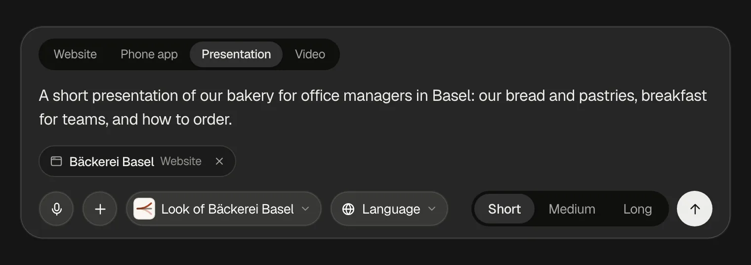 The prompt box with Presentation chosen: a description for office managers, the bakery's website as material, the style Look of Bäckerei Basel, Language, and Short, Medium and Long