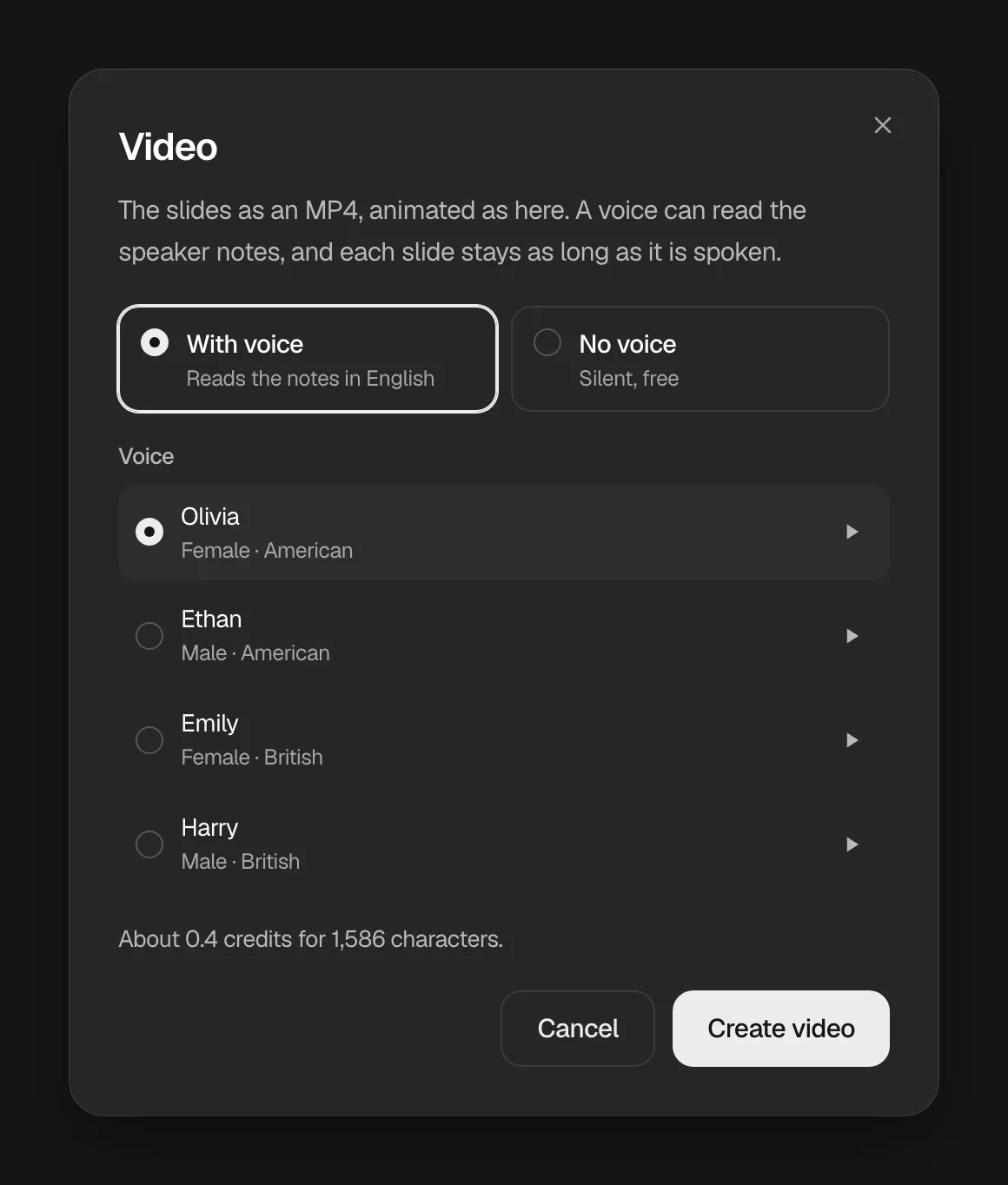 The Video window of a presentation: With voice chosen, four English voices with a sample each, and the price of the voice, about 0.4 credits for 1,586 characters, before Create video