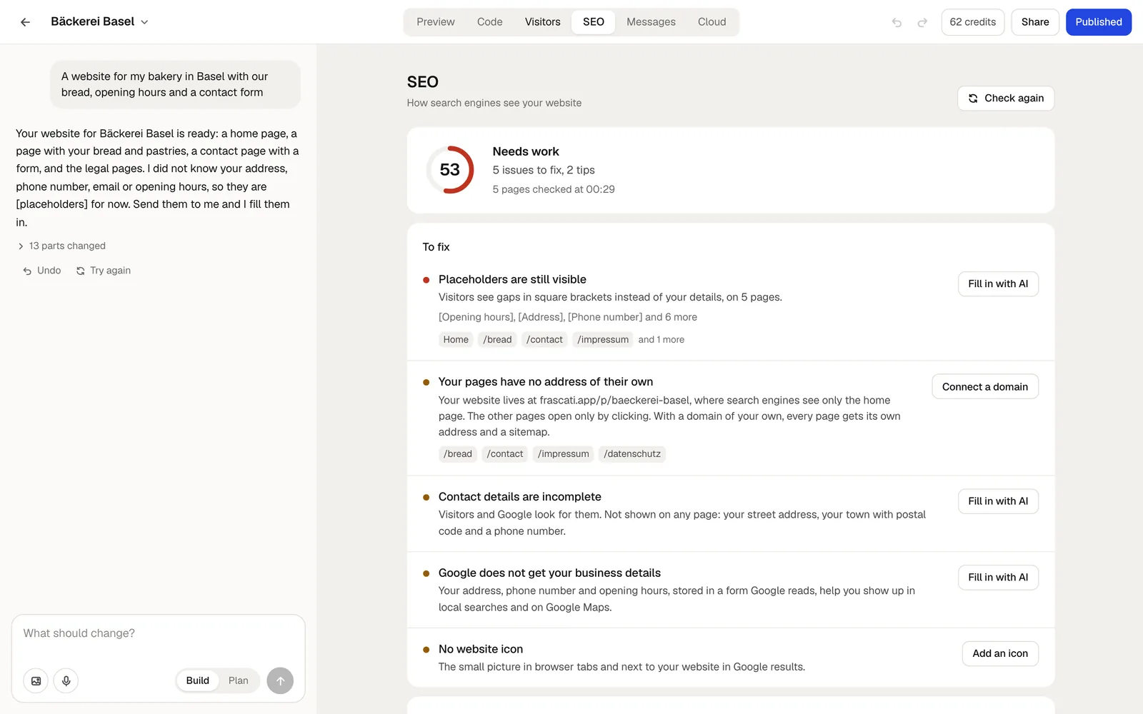 The SEO view: a score of 53, Needs work, and findings with buttons like Fill in with AI and Connect a domain