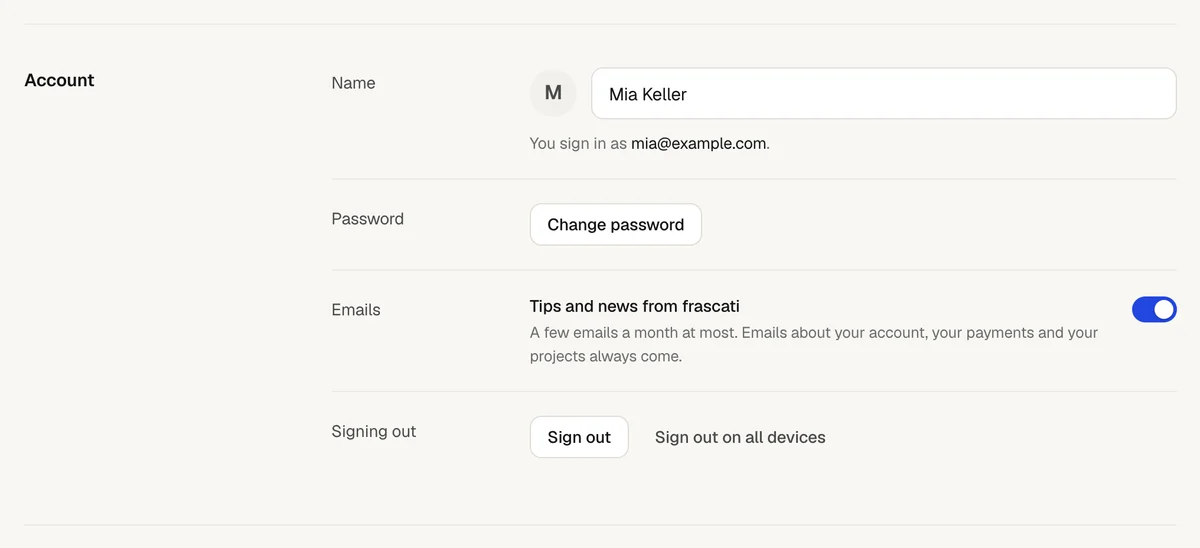 The Account part of Settings: the name, the address you sign in with, Change password, Tips and news from frascati, Sign out and Sign out on all devices