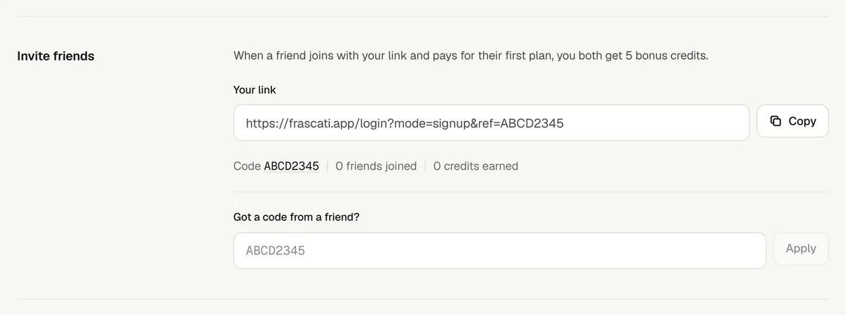 Invite friends in Settings: the invite link with Copy, the code, how many friends joined and the credits earned, and a field for a code from a friend
