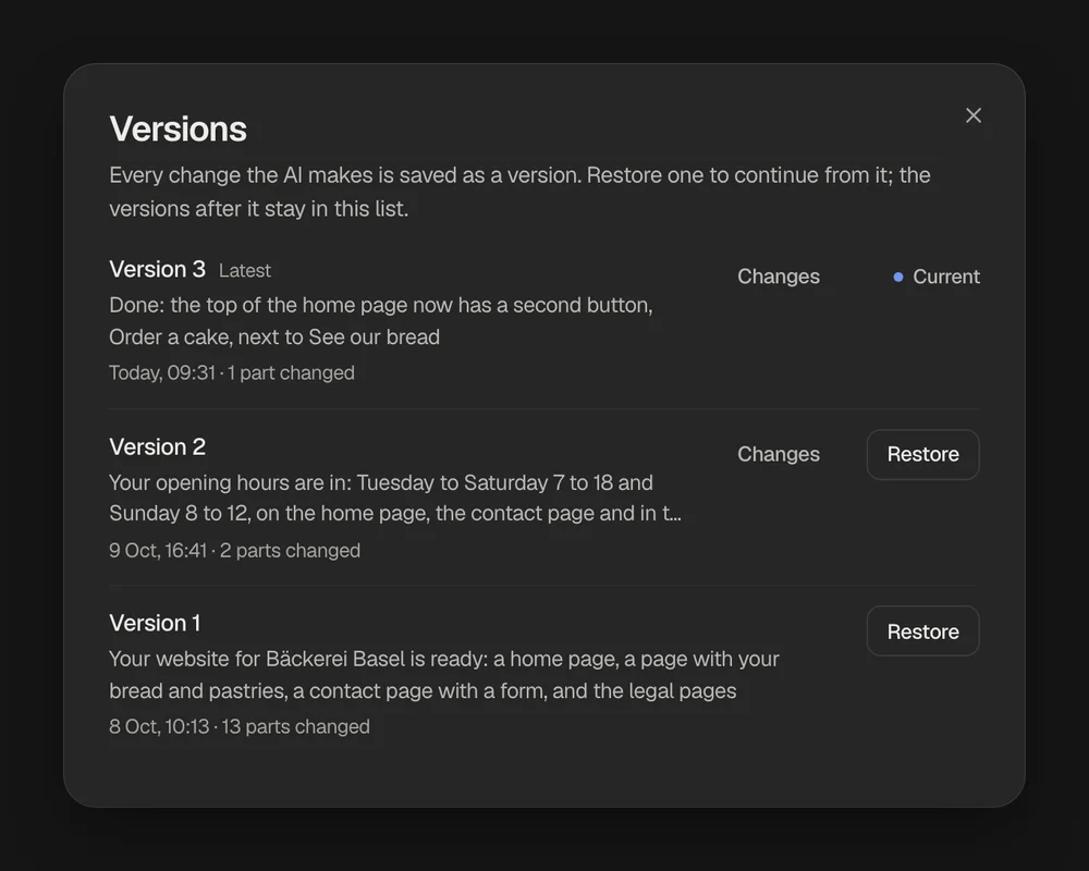 The Versions window with three versions, the newest marked Current, each with what changed, when, Changes and Restore