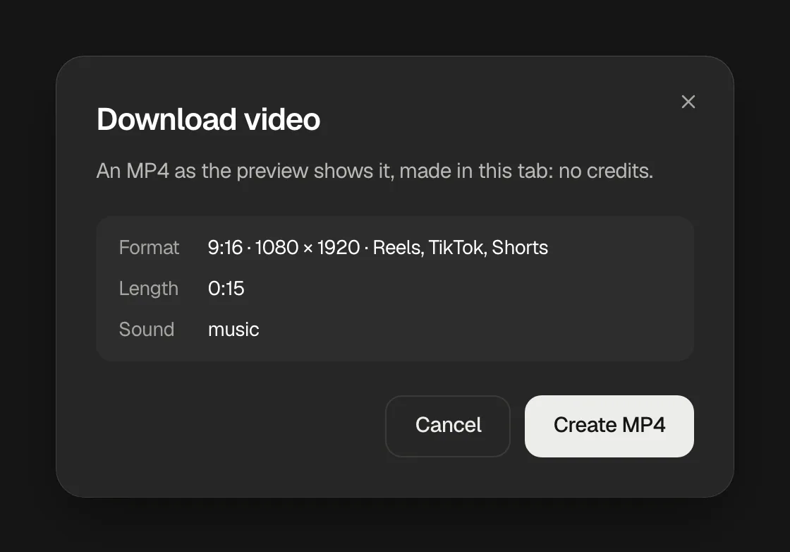 The Download video window: the format 9:16 at 1080 × 1920 for Reels, TikTok and Shorts, the length 0:15, music as its sound, and Create MP4