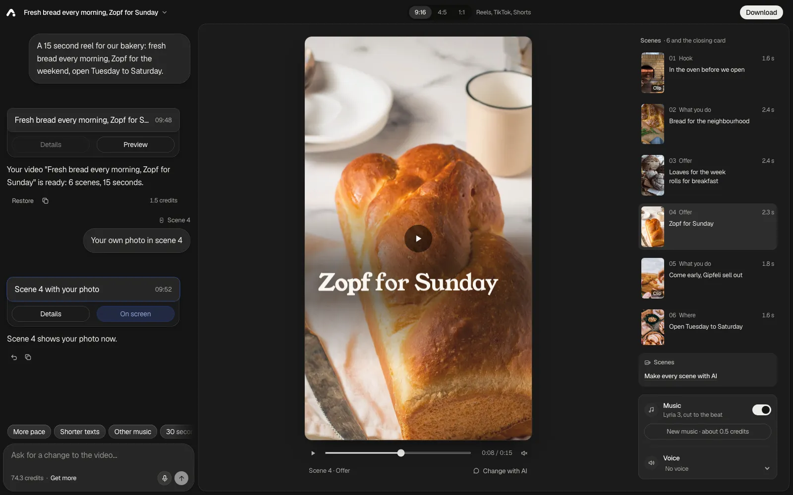 The video editor: the chat with your own photo put into scene 4, the video paused on that scene with Scene 4 · Offer and Change with AI under it, the formats 9:16, 4:5 and 1:1 at the top, the list of scenes, and Music and Voice