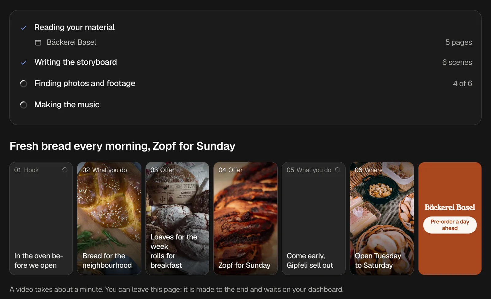 A video being made: the website read, a storyboard of six scenes written, photos and footage found for four of them, the music being made, and the scenes with the closing card
