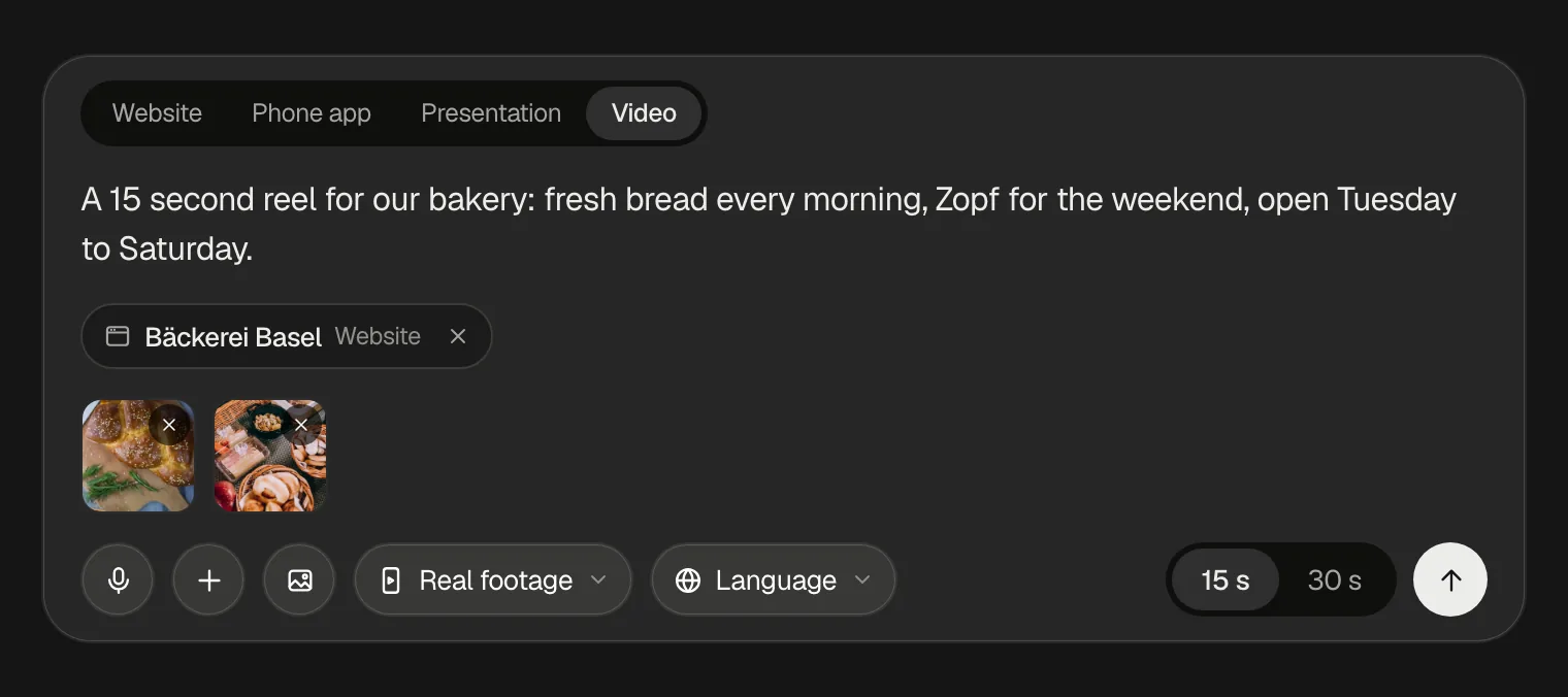 The prompt box with Video chosen: a description of a 15 second reel, the bakery's website as material, two own photos, Real footage, Language, and 15 s and 30 s