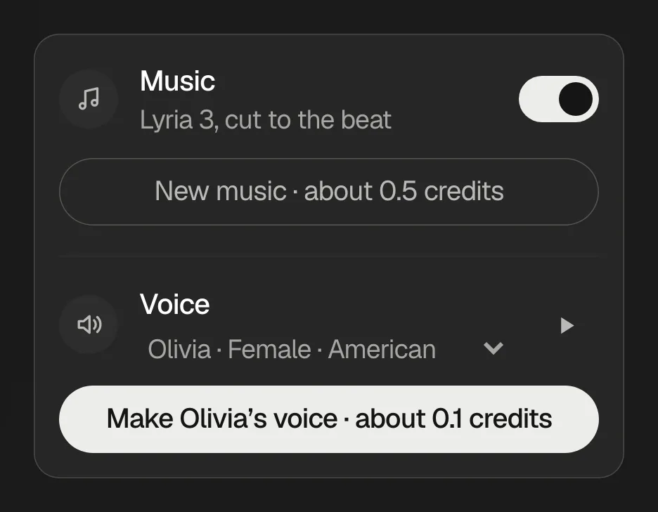 Music switched on with New music for about 0.5 credits, and the voice Olivia chosen with Make Olivia’s voice for about 0.1 credits