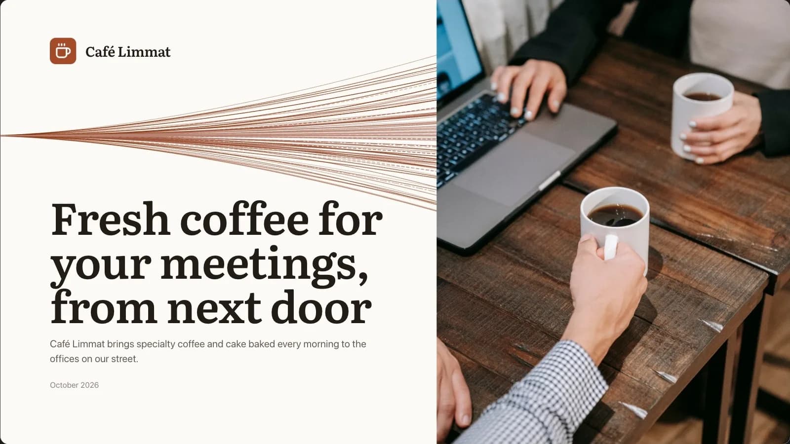 Die Titelfolie einer Präsentation von Café Limmat für die Büros in der Nachbarschaft: «Fresh coffee for your meetings, from next door», daneben ein Foto mit Kaffee am Laptop