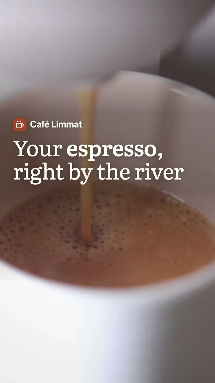 Das erste Bild eines Reels von Café Limmat: ein Espresso und der Titel «Your espresso, right by the river»