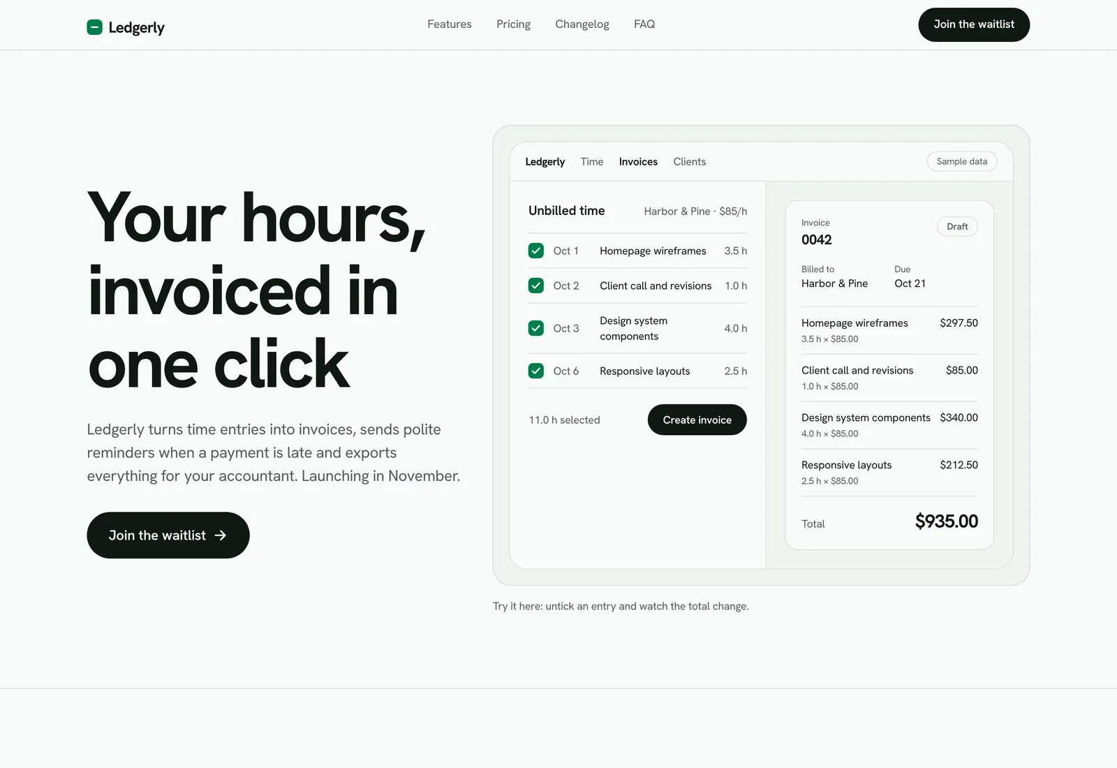 Die Landingpage der Vorlage SaaS Startup: Ledgerly mit «Your hours, invoiced in one click», dem Knopf zur Warteliste und einem Bild der App mit Stunden und Rechnung