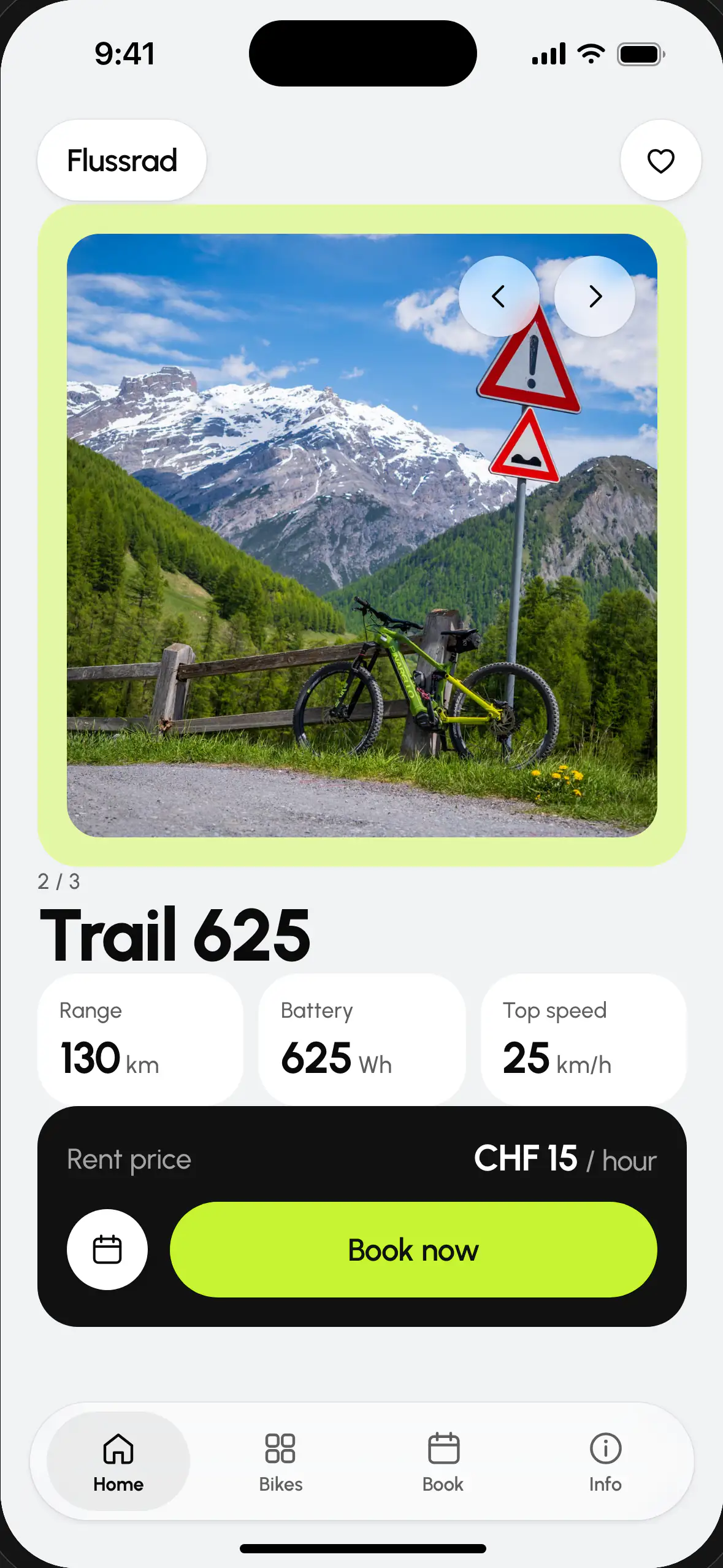 Flussrad, App eines Verleihs von Elektrovelos: das Trail 625 mit Reichweite, Akku und Höchstgeschwindigkeit, der Preis pro Stunde und Buchen