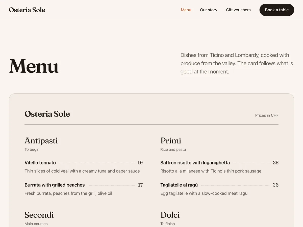 Die Speisekarte der Vorlage Restaurant: Osteria Sole mit Antipasti und Primi, jedes Gericht mit Beschreibung und Preis