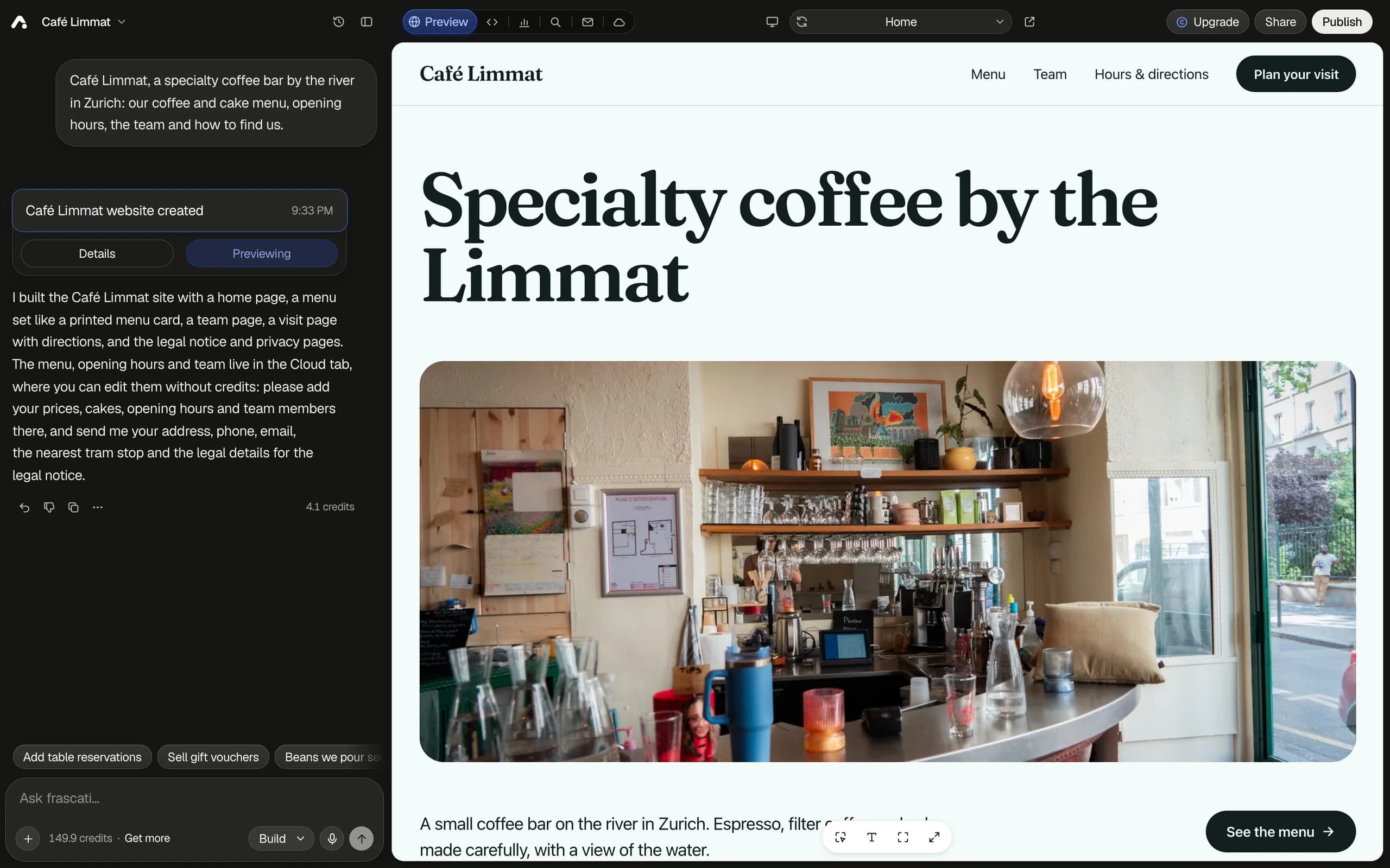 Der Editor von frascati nach einer ersten Version: links im Chat die Anfrage für Café Limmat und die Antwort, rechts in der Vorschau die fertige Website